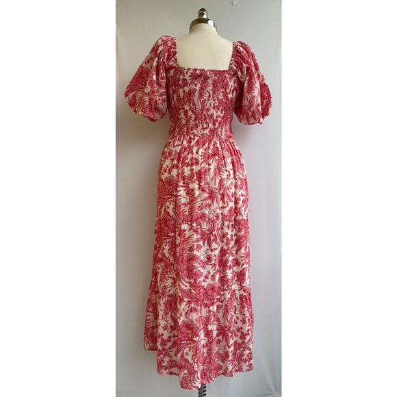 Anna Cate Mae Midi Dress Puff Sleeves 100% Cotton Boho Floral Pink sz L - Picture 3 of 5